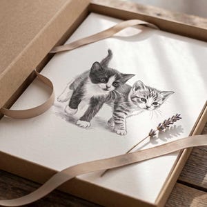 以下が含まれることがあります： 茶色の段ボール製ギフトボックスに入った、白い紙に描かれた2匹の子猫の鉛筆画。1匹は尻尾を上げた白黒の子猫で、もう1匹は灰色のトラ猫です。紙の上には乾燥したラベンダーの小枝とリボンが添えられています。