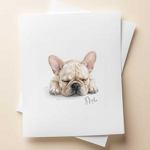 May include: A watercolor illustration of a fawn-colored French Bulldog puppy sleeping with its head resting on its front paws. The dog has large ears and a black nose. The name Milo is written in cursive script in the bottom right corner of the art.