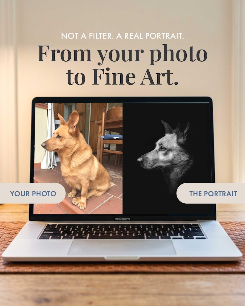 May include: A laptop screen displaying a side-by-side comparison of a tan dog in a home setting labeled YOUR PHOTO and a black and white artistic portrait of the same dog labeled THE PORTRAIT. Text above reads NOT A FILTER. A REAL PORTRAIT. From your photo to Fine Art.