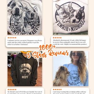 Puede incluir: Un collage de cuatro im&aacute;genes que muestra ropa personalizada con retratos de mascotas en blanco y negro y nombres impresos en sudaderas con capucha y jers&eacute;is. El texto 1000+ 5 Stars Reviews est&aacute; centrado en naranja. Las prendas muestran los nombres Dumpling, Marvin, Fenrir, Nidhogg, Beefy y Maybe.