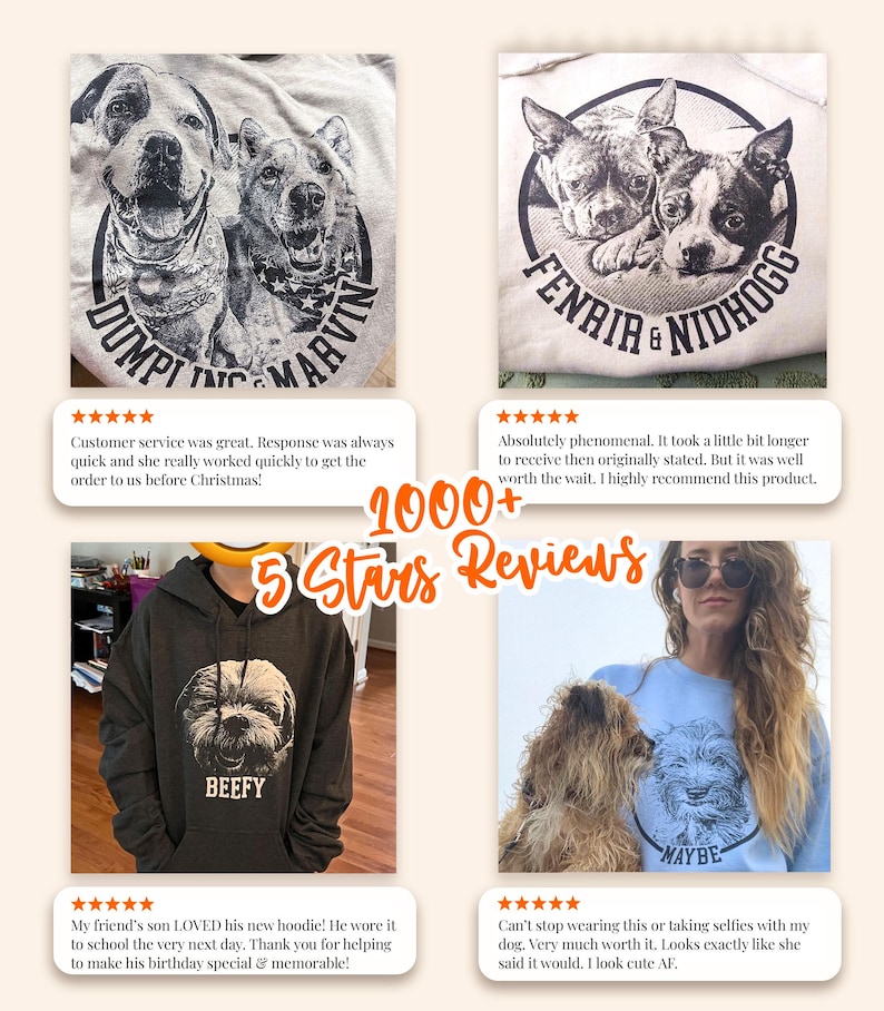 Puede incluir: Un collage de cuatro im&aacute;genes que muestra ropa personalizada con retratos de mascotas en blanco y negro y nombres impresos en sudaderas con capucha y jers&eacute;is. El texto 1000+ 5 Stars Reviews est&aacute; centrado en naranja. Las prendas muestran los nombres Dumpling, Marvin, Fenrir, Nidhogg, Beefy y Maybe.