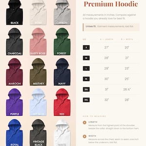 Puede incluir: Una carta de colores de quince sudaderas con capucha en negro, hueso, carbono, carb&oacute;n, rosa polvoriento, bosque, granate, militar, marino, morado, azul cielo, rojo, real, negro vintage y blanco, con una tabla de tallas en pulgadas para Everwynn.
