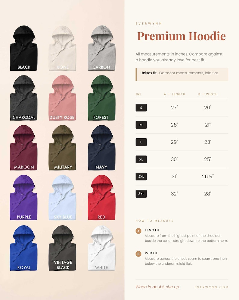 Puede incluir: Una carta de colores de quince sudaderas con capucha en negro, hueso, carbono, carb&oacute;n, rosa polvoriento, bosque, granate, militar, marino, morado, azul cielo, rojo, real, negro vintage y blanco, con una tabla de tallas en pulgadas para Everwynn.