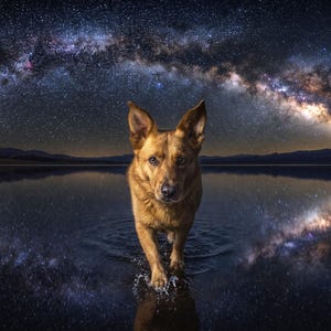 A mutt medium size dog standing on still water beneath the Milky Way, the band of stars arcing overhead in deep blue and reflecting in the water below.