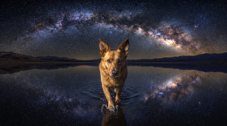 A mutt medium size dog standing on still water beneath the Milky Way, the band of stars arcing overhead in deep blue and reflecting in the water below.