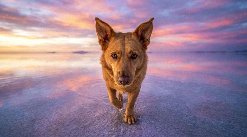 A German Shepherd standing on a still sheet of water that mirrors the dog completely, beneath a pink and violet sunset sky reflected across the surface.
