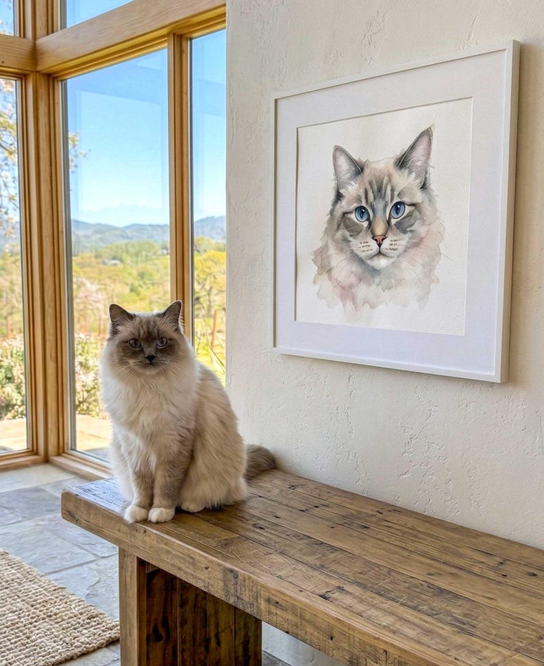 May include: A long-haired cat with cream and grey fur sits on a wooden bench. Beside the cat, a square white frame hangs on the wall, containing a watercolor painting of a cat with blue eyes, grey ears, and a cream-colored face and chest.