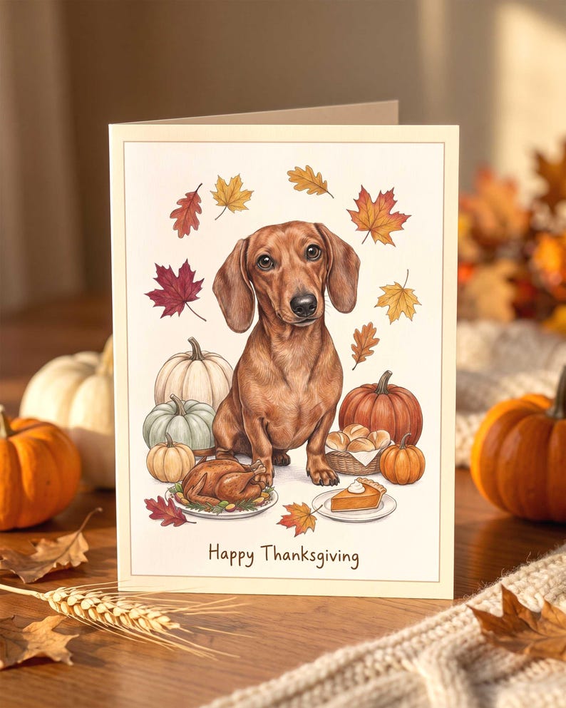 A greeting card featuring a brown dachshund sitting in the center, surrounded by autumn leaves, pumpkins, a roasted turkey on a platter, a basket of rolls, and a slice of pumpkin pie, with the text Happy Thanksgiving at the bottom.