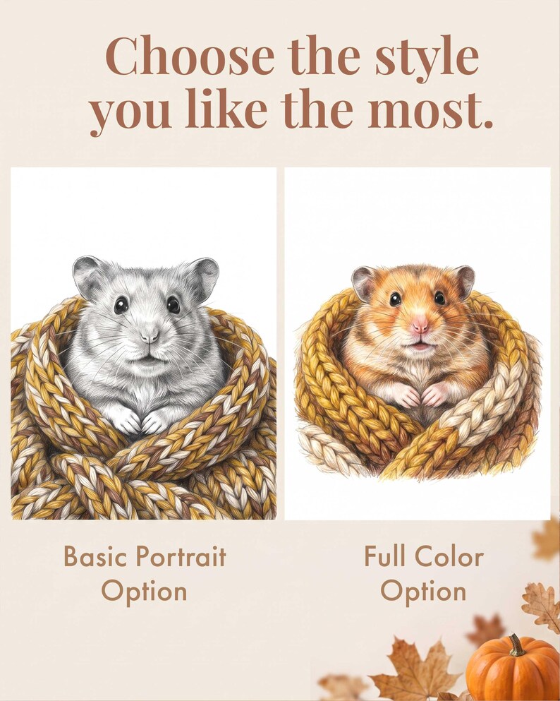 Two hamster illustrations with the text Choose the style you like the most. The left image is a grayscale hamster in a knit scarf labeled Basic Portrait Option. The right image is a colored hamster in a knit scarf labeled Full Color Option.