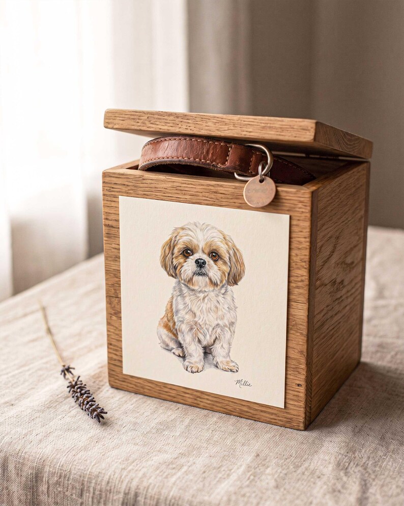 A pastel dog portrait mounted on the lid of a small wooden keepsake box with a brass clasp, standing on a neutral surface against a warm plain background.