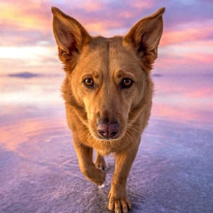 A German Shepherd standing on a still sheet of water that mirrors the dog completely, beneath a pink and violet sunset sky reflected across the surface.