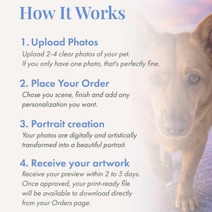 May include: A digital instructional graphic titled How It Works, detailing a four-step process for creating a custom pet portrait. The text outlines uploading photos, placing an order, portrait creation, and receiving artwork, alongside a faded image of a brown dog.