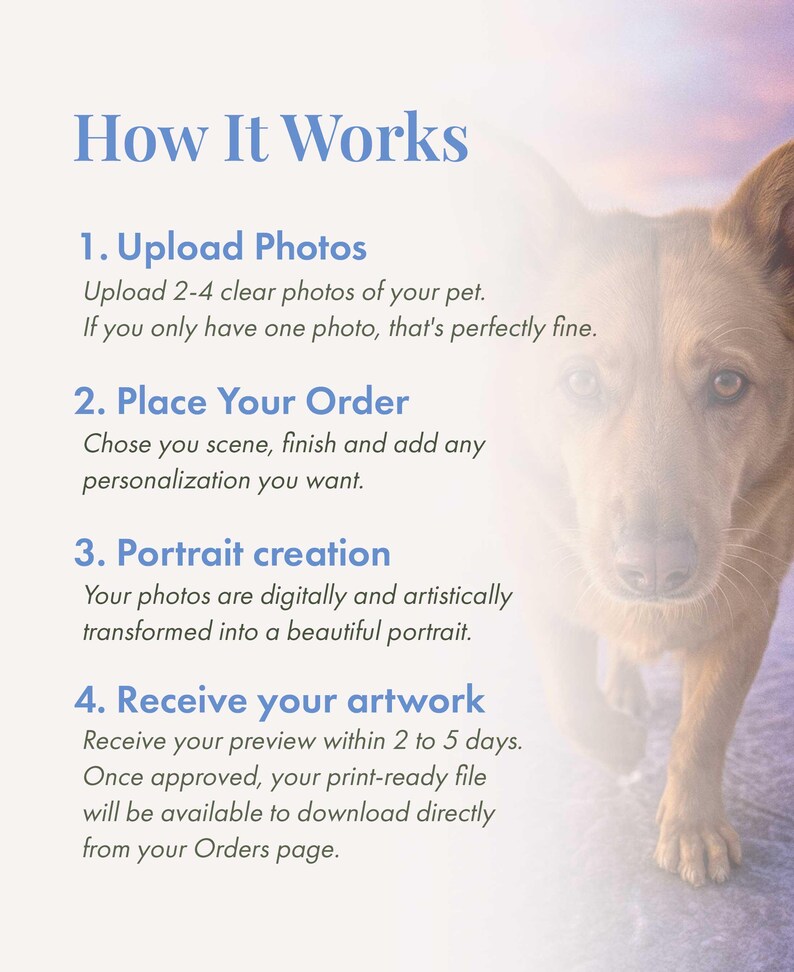 May include: A digital instructional graphic titled How It Works, detailing a four-step process for creating a custom pet portrait. The text outlines uploading photos, placing an order, portrait creation, and receiving artwork, alongside a faded image of a brown dog.