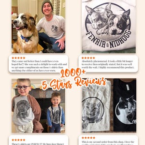 May include: A collage of four photographs showing custom t-shirts featuring black and white pet portraits in circular frames. The shirts include text such as Fenrir & Nidhogg, Best Friend, and Mia. The graphic displays 1000+ 5 Stars Reviews.
