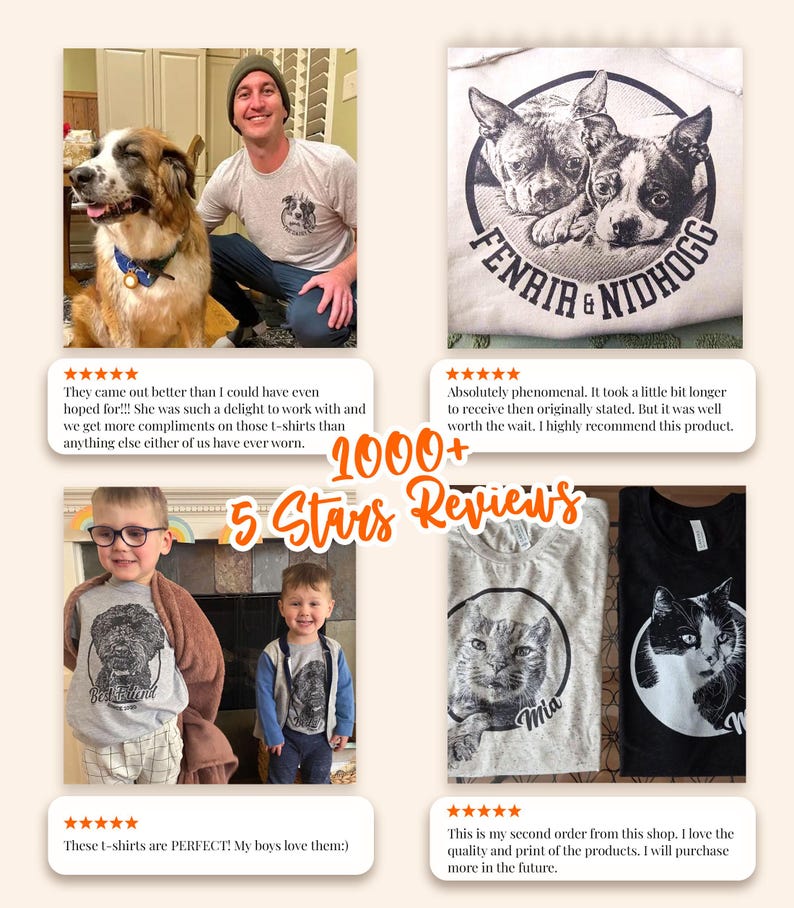 May include: A collage of four photographs showing custom t-shirts featuring black and white pet portraits in circular frames. The shirts include text such as Fenrir & Nidhogg, Best Friend, and Mia. The graphic displays 1000+ 5 Stars Reviews.
