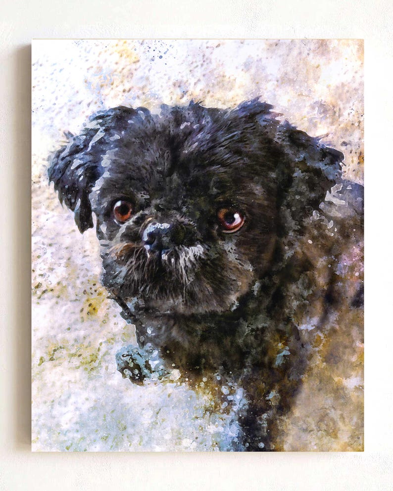 May include: A rectangular wall art print featuring a watercolor-style portrait of a small black dog with large brown eyes and a textured, shaggy coat. The artwork uses splattered paint effects in shades of beige, white, and gray around the dog.