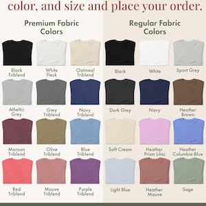 Puede incluir: Imagen que muestra una selecci&oacute;n de colores de camisetas, dividida en "Colores de tela premium" y "Colores de tela regular". Cada color se muestra en una camiseta, con nombres como "Black Triblend", "Navy" y "Heather Mauve". El texto invita a preguntar por m&aacute;s opciones.