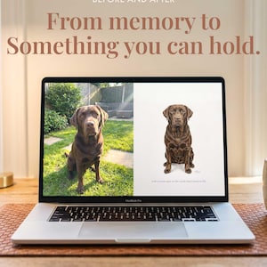 Pode incluir: Um port&aacute;til prateado exibindo uma imagem dividida de um Labrador cor de chocolate num relvado ao lado de uma ilustra&ccedil;&atilde;o realista do mesmo c&atilde;o. O texto acima diz: BEFORE AND AFTER From memory to Something you can hold.