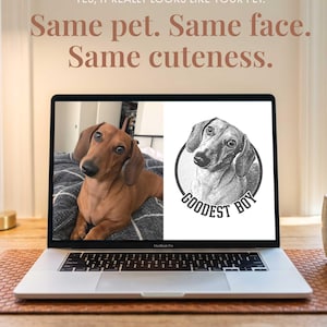 Puede incluir: Una pantalla de port&aacute;til muestra una comparaci&oacute;n lado a lado de un perro salchicha marr&oacute;n y un boceto en blanco y negro del mismo perro dentro de un marco circular con el texto GOODEST BOY. El texto superior dice YES, IT REALLY LOOKS LIKE YOUR PET. Same pet. Same face. Same cuteness.
