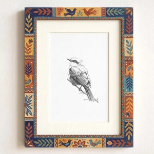 Custom Pet Portrait from Photo, Pencil Charcoal Drawing of a domestic bird, eclectic coloful frame
