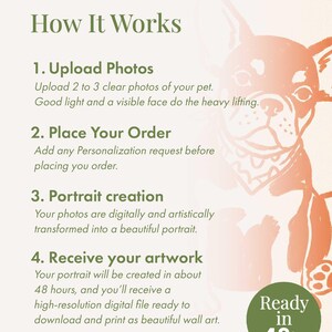 Op de afbeelding: Een informatieve afbeelding getiteld How It Works met vier stappen voor het bestellen van een huisdierportret. De tekst beschrijft het uploaden van foto's, het plaatsen van een bestelling, creatie en ontvangst van een digitaal bestand. Een oranje illustratie van een Franse Bulldog en een groene cirkel met de tekst Ready in 48hr zijn zichtbaar.