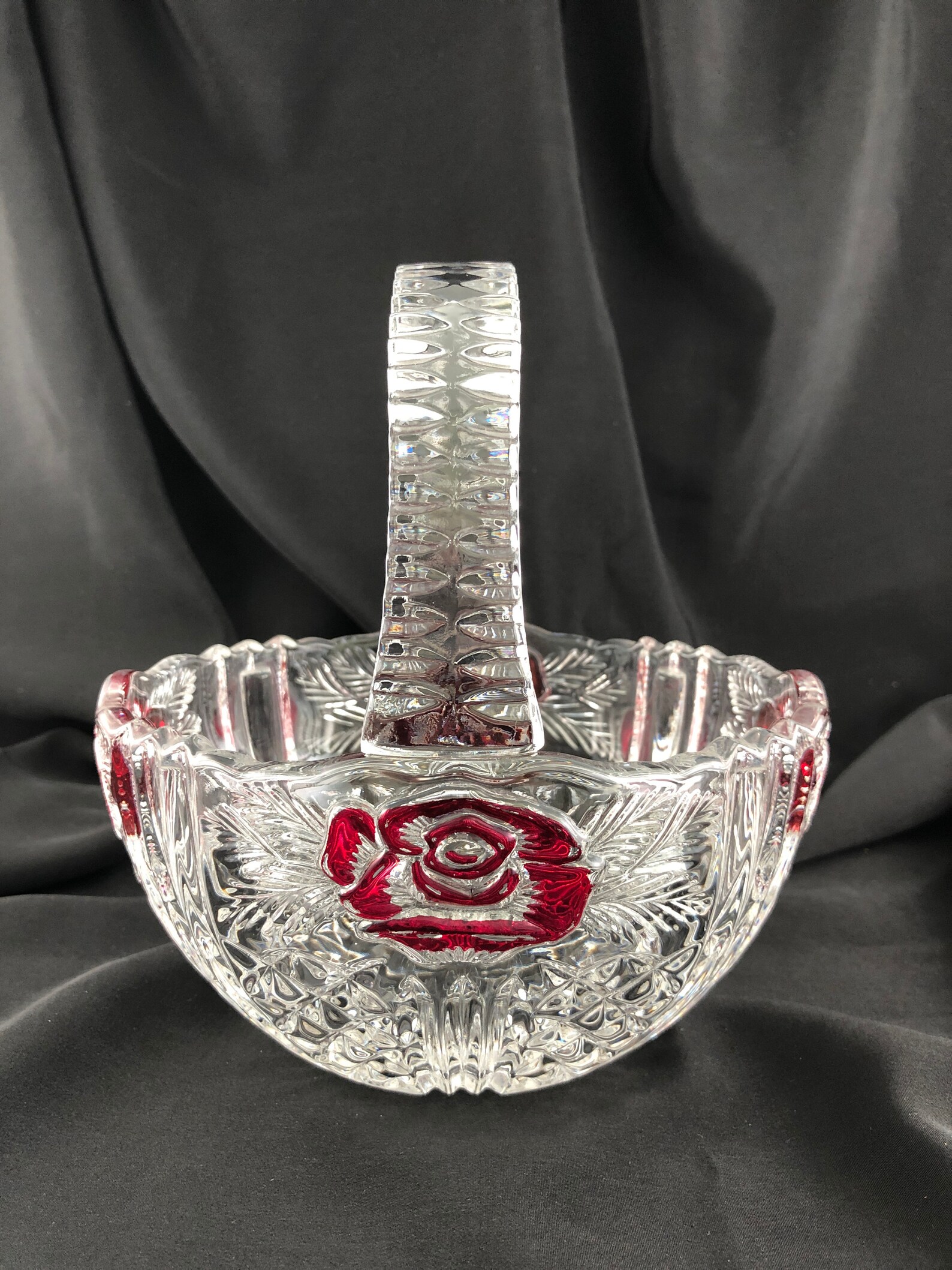 Lead Crystal Basket with Red Stained Roses Etsy