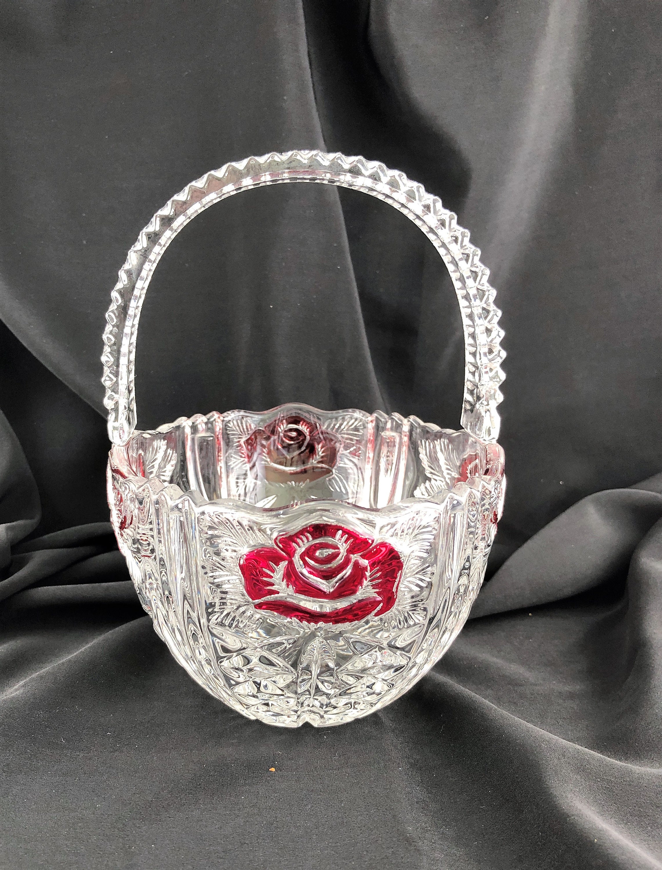 Lead Crystal Basket with Red Stained Roses Etsy