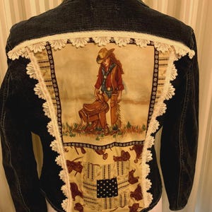 UpCycled Western Jean Jacket LACE/JEWEL Cowgirl Print Size M