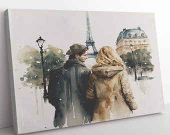 Canvas Print Wall Decor, Lovers in Paris Canvas Watercolor Style Print, Couples Anniversary, Birthday, Valentine's Day Gift, Ready to Hang