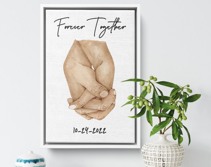 Holding Hands Framed Canvas Art, Forever Together with Couple Clasped Hands, Anniversary Gift for Couples, Wife, Husband Birthday Gifts