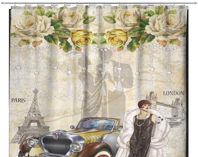 London and Paris Illustration Shower Curtain, Paris and London Themed Shower Curtain, Housewarming Gifts, College Gift Ideas for Dorm Room