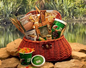 Gift Baskets for Him The Fisherman's Fishing Creel  Care Package for Fisherman Snack Gift Box for Him Gifts for Fishing Lover