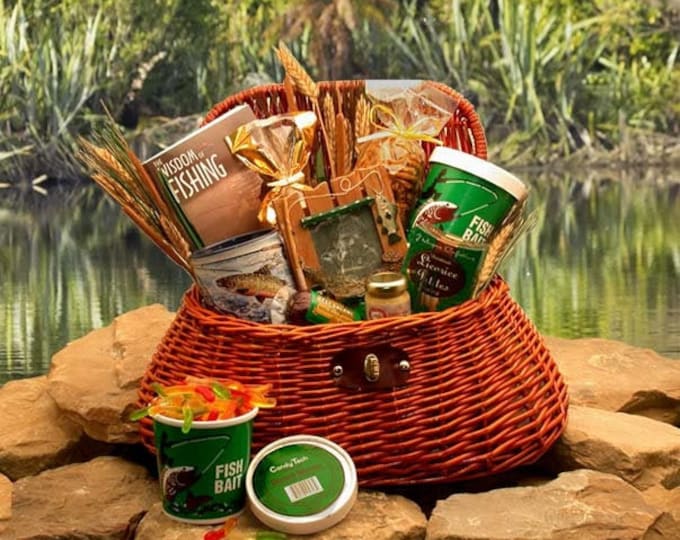 Gift Baskets for Him The Fisherman's Fishing Creel  Care Package for Fisherman Snack Gift Box for Him Gifts for Fishing Lover