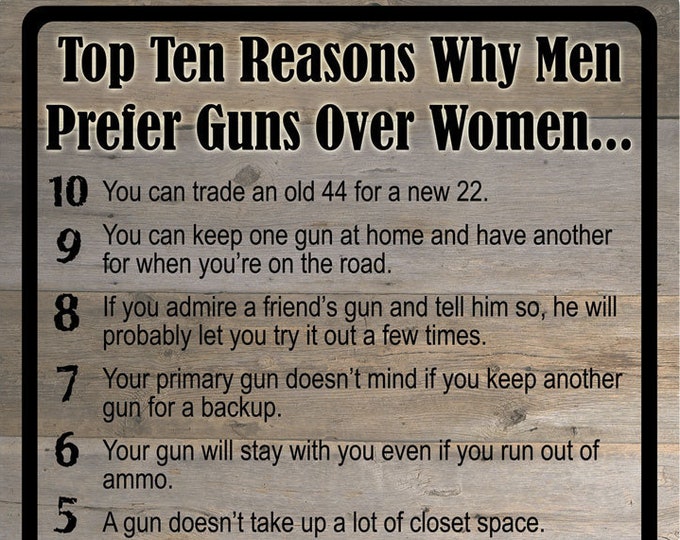 Funny Tin Sign/ Ten Reasons Why Men Prefer Guns Over Women Sign/ Man Cave Tin Sign/ Tin Sign For Garage/ Tin Sign For B-day Gift/ Dad Gift