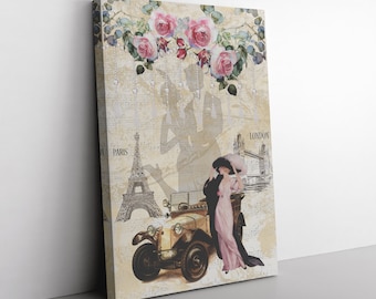 Canvas Print Wall Decor, Woman in Paris Canvas Watercolor Style Print, Couples Anniversary, Birthday, Valentine's Day Gift, Ready to Hang