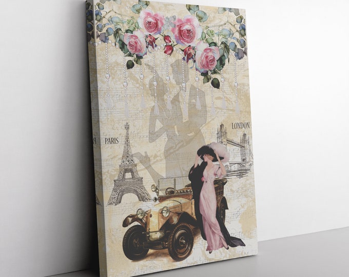 Canvas Print Wall Decor, Woman in Paris Canvas Watercolor Style Print, Couples Anniversary, Birthday, Valentine's Day Gift, Ready to Hang