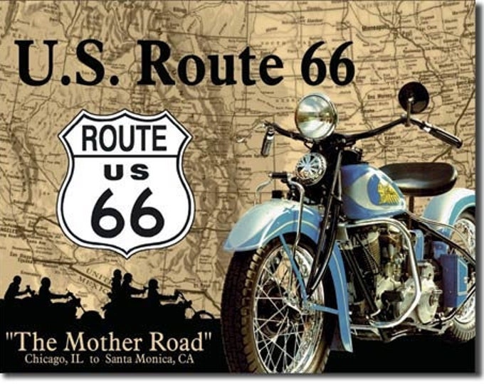 Route 66 Tin Sign/ The Mother Road Motor Cycle Tin Sign/ Man Cave Tin Sign/ Tin Sign Gift For Family/ Tin Sign For Friend/ 16"W 12.5"H