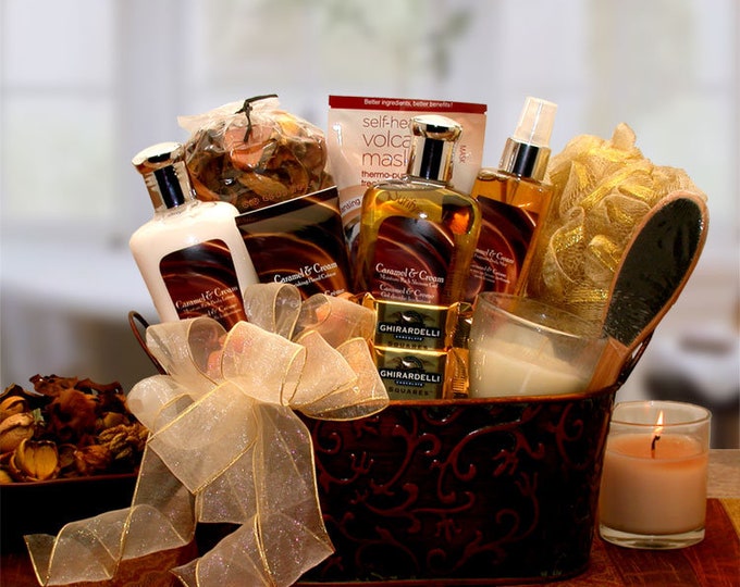 Gift Baskets for WomenBath and Body Gift Basket Caramel & Crème Bliss Spa Gift Basket Spa Gift Set for Her Women's Spa Gift Basket