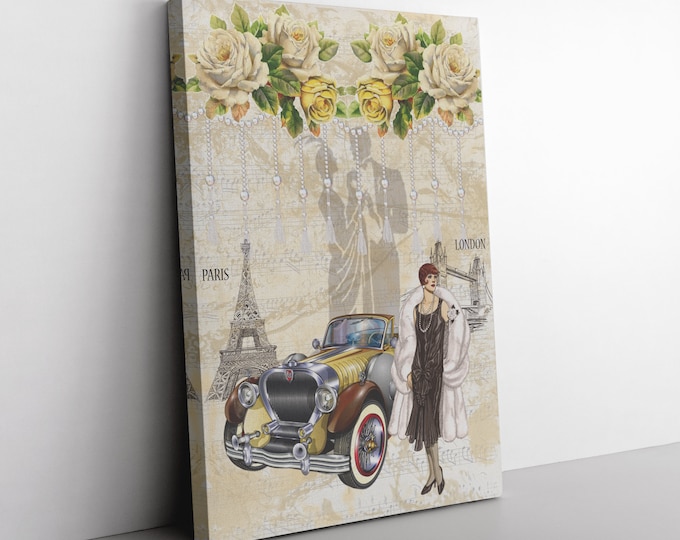 Paris Canvas Wall Decor, Woman in Paris Canvas Watercolor Style Print, Couples Anniversary, Birthday, Valentine's Day Gift, Ready to Hang