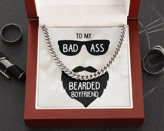 To My Bad Ass Bearded Boyfriend Cuban Link Chain Necklace, Message Card Necklace for Him, Men Birthday Gift, Boyfriend Gift Necklace