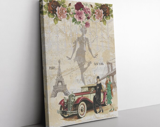 Canvas Print Wall Decor, Women in Paris Canvas Watercolor Style Print, Couples Anniversary, Birthday, Valentine's Day Gift, Ready to Hang