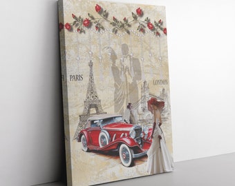 Canvas Print Wall Decor, Woman in Paris Canvas Watercolor Style Print, Couples Anniversary, Birthday, Valentine's Day Gift, Ready to Hang