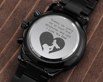 Engraved Watch For Dad / Engraved Design Black Chronograph Watch / Engraved Watch Design for Dad / Gift For Dad Birthday, Father's Day