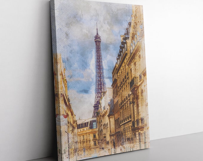 Eiffel Tower Canvas Print Wall Decor,  Paris Watercolor Style Print, Couple Anniversary, Birthday, Valentine's Day Gift, Ready to Hang