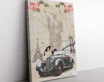 Canvas Print Wall Decor, Couple in Paris Canvas Watercolor Style Print, Couples Anniversary, Birthday, Valentine's Day Gift, Ready to Hang
