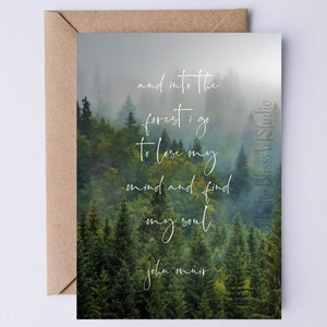 Tarjeta digital de cita de John Muir - Y en el bosque voy tarjeta imprimible amante de la naturaleza - Tarjeta de notas Tree Hugger - Tarjeta de jubilación