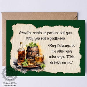 Carte numérique Irish Toast Que les vents de la fortune vous embarquent, Irlande drôle, buvant un toast, carte imprimable, carte de la Saint-Patrick, téléchargement immédiat