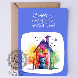 Carte numérique de chats pour la nouvelle maison Carte imprimable en mouvement pour chat Carte d'art aquarelle chat pour l'achat d'une nouvelle maison Téléchargement immédiat