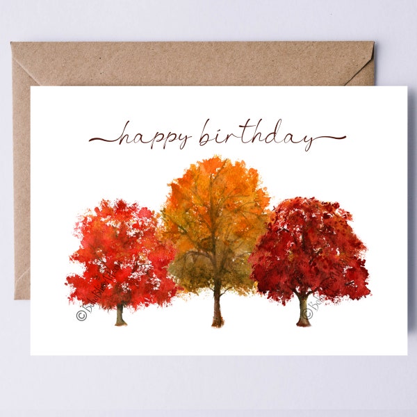 Autumn Birthday Card Printable | Digital Fall Birthday Card | Gorgeous Fall Trees Watercolor Art | Happy Birthday Greeting Card Downloadable