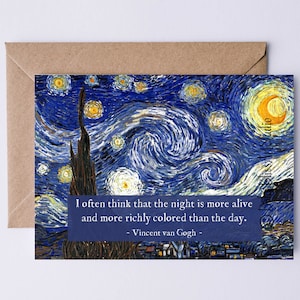 Biglietto stampabile con citazione di Vincent van Gogh Penso spesso che la notte sia più viva... Biglietto digitale con citazione ispiratrice Artisti e amanti dell'arte